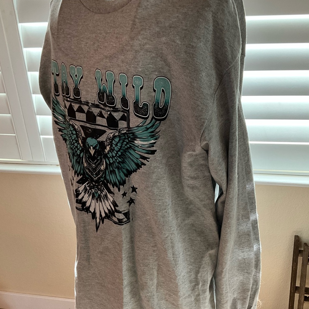 Stay Wild Graphic Long Sleeve Tee - Gray with Teal & Black Eagle handmade - Picture 2 of 4